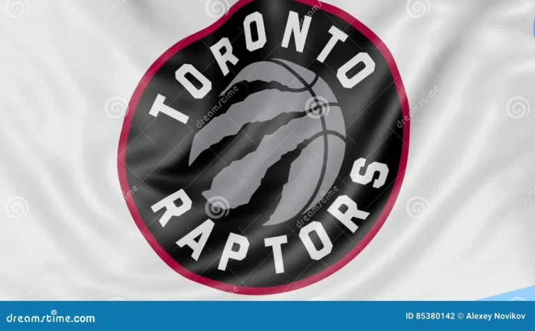 close-up-waving-flag-toronto-raptors-nba-basketball-team-logo-seamless-loop-blue-background-editorial-animation-k-clip-85380142